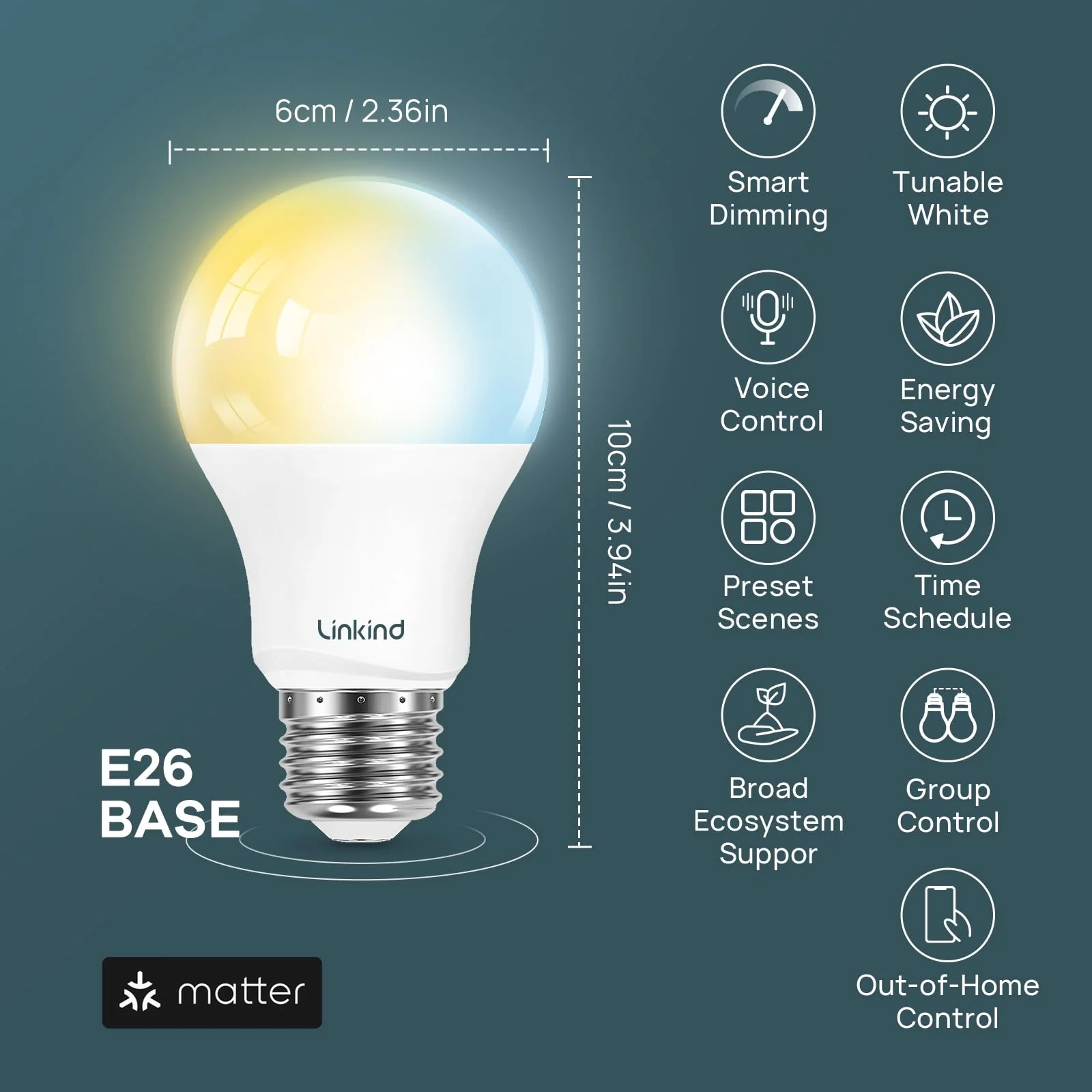 Linkind A19 Matter Smart CCT Light Bulbs - 800lm - Image 7